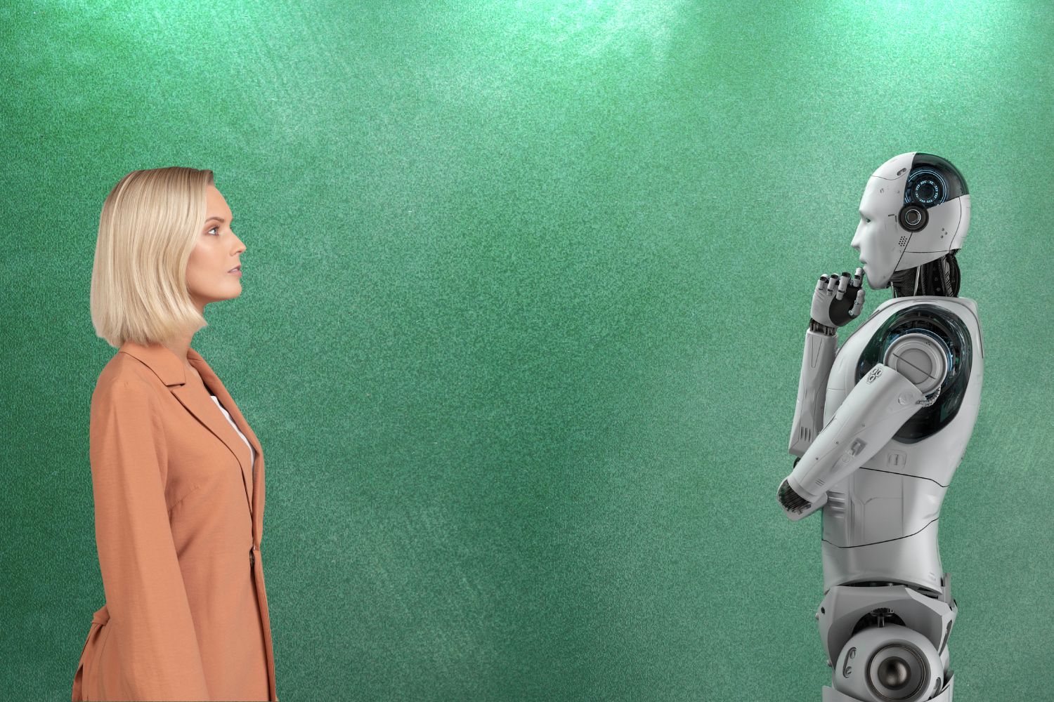 robot thinking about young professional woman in orange blazer on green background]