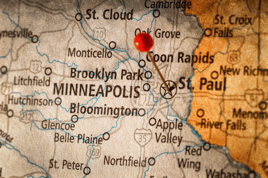 Old map of Minnesota with pin in Minneapolis and St. Paul