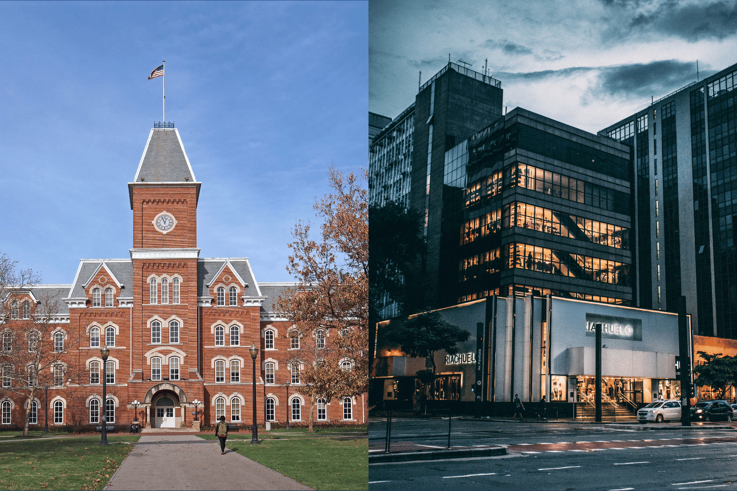 Image split in two: on the left, a historic red-brick institutional building (clocktower, academic style) under a clear blue sky; on the right, a modern glass-and-steel office building at dusk, lit warmly from within — visually contrasting “education” with “corporate career.”