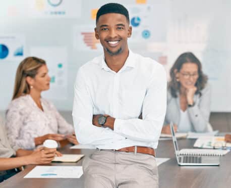 Corporate man, diverse team leader at business meeting, planning and financial strategy in office