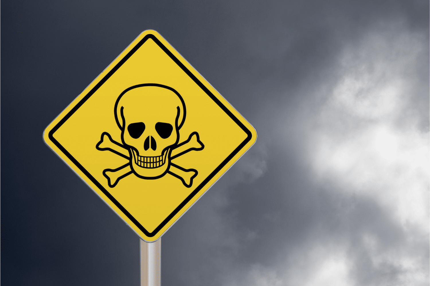 yellow traffic sign with skull and crossbones