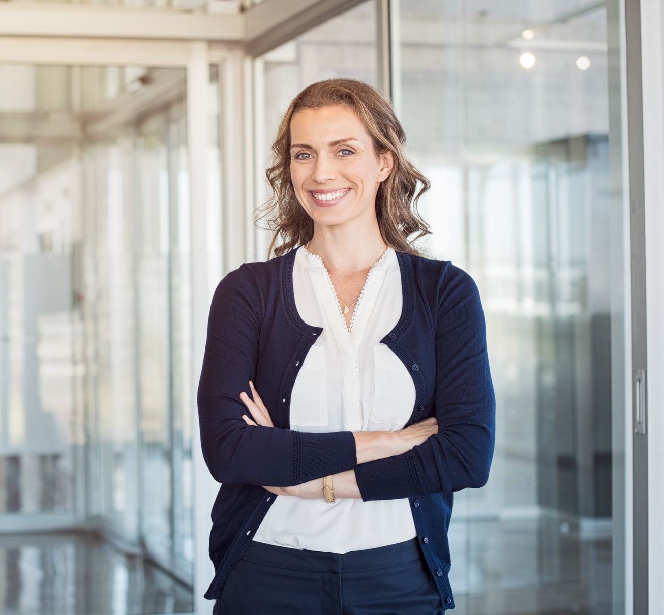 woman standing in front of modern empty office