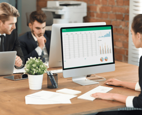 Team of accountants working on computers across shared table