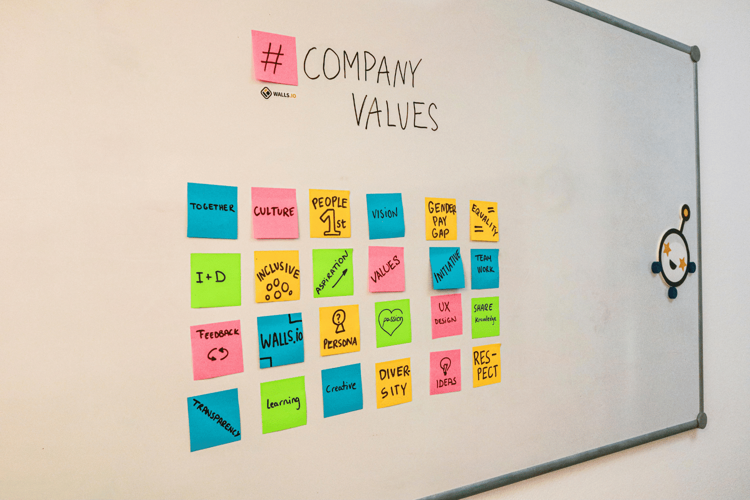 Whiteboard covered with colorful sticky notes displaying company values such as culture, teamwork, inclusion, diversity, transparency, creativity, and respect, arranged in a grid under a ‘Company Values’ heading.