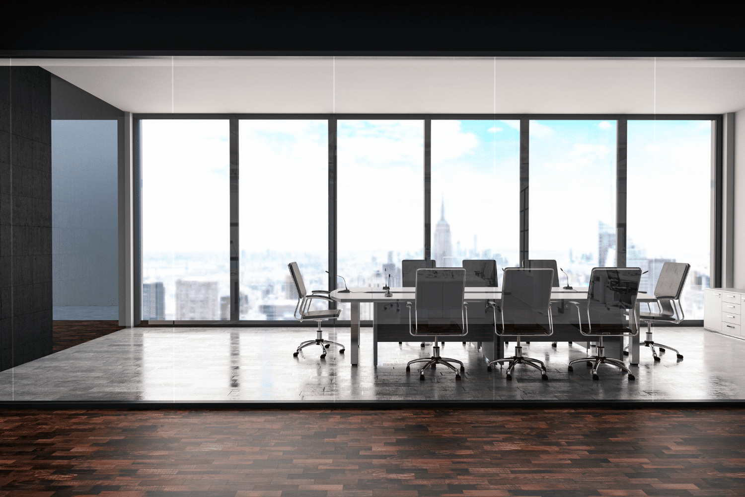 empty corporate boardroom with city skyline outside