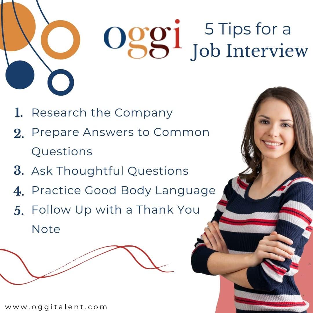 woman with crossed arms and a list of five tips for a job interview text