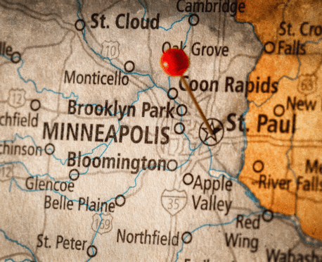 Old map of Minnesota with pin in Minneapolis and St. Paul