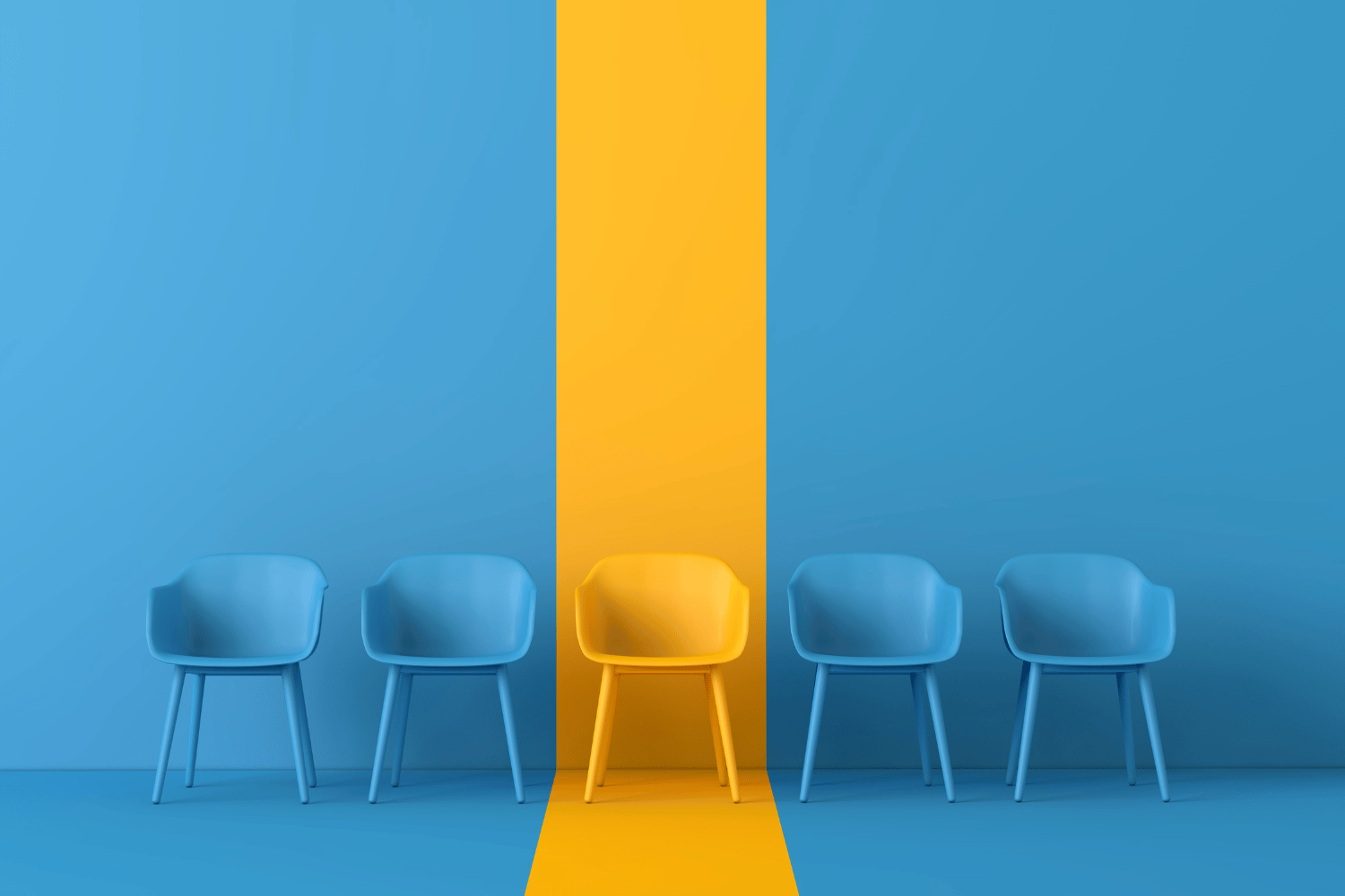 four empty blue chairs against blue background with one empty yellow chair against yellow background