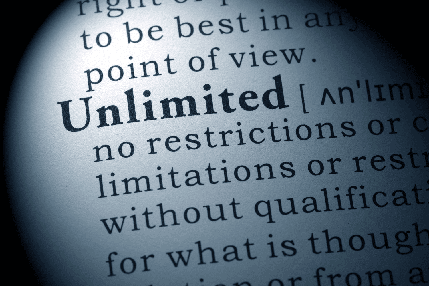 dictionary page showing part of the definition of the word "unlimited"