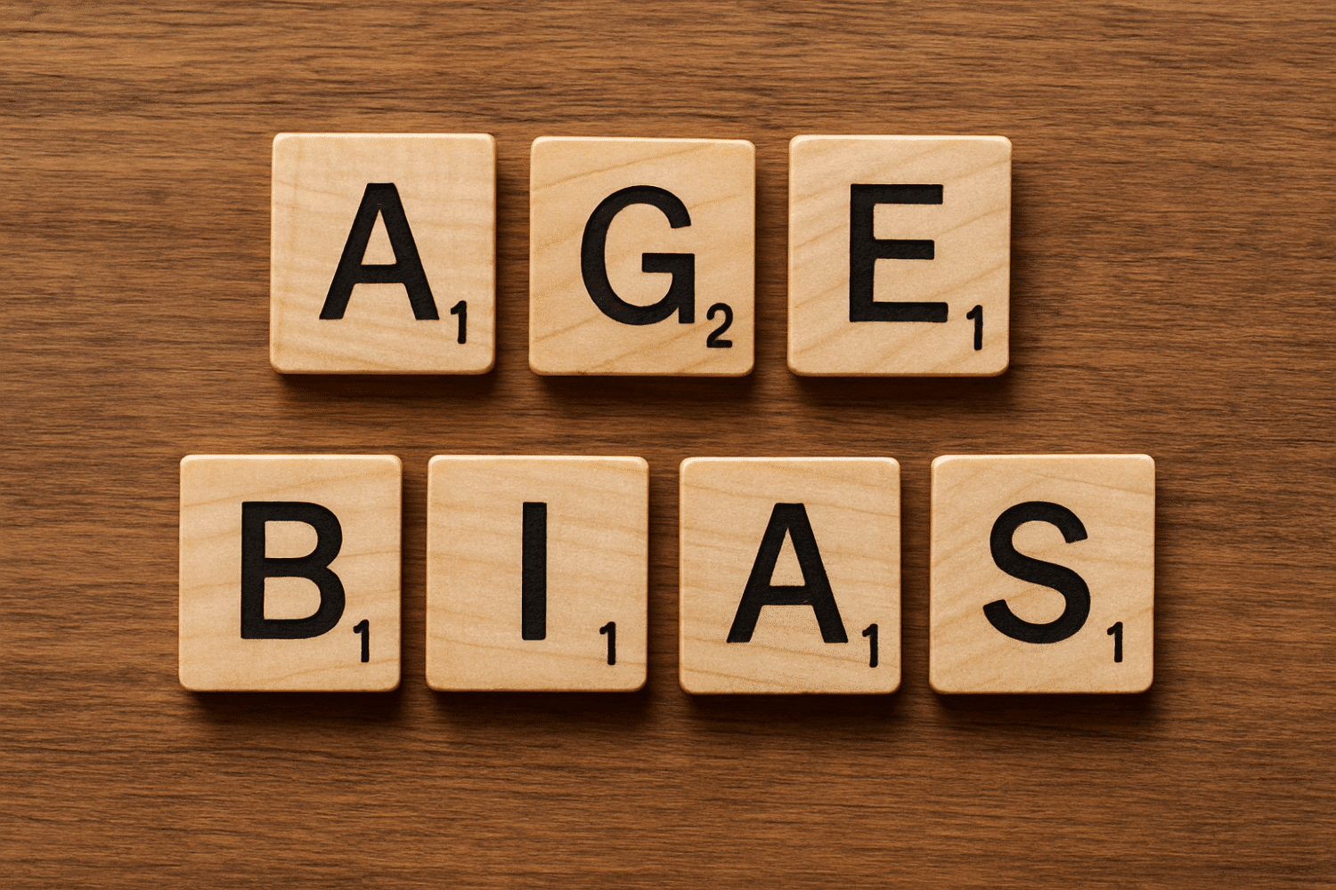 Overhead view of wooden game tiles spelling 'AGE' and 'BIAS' on a wood grain background, illustrating the concept of age bias in executive recruitment or the workplace.