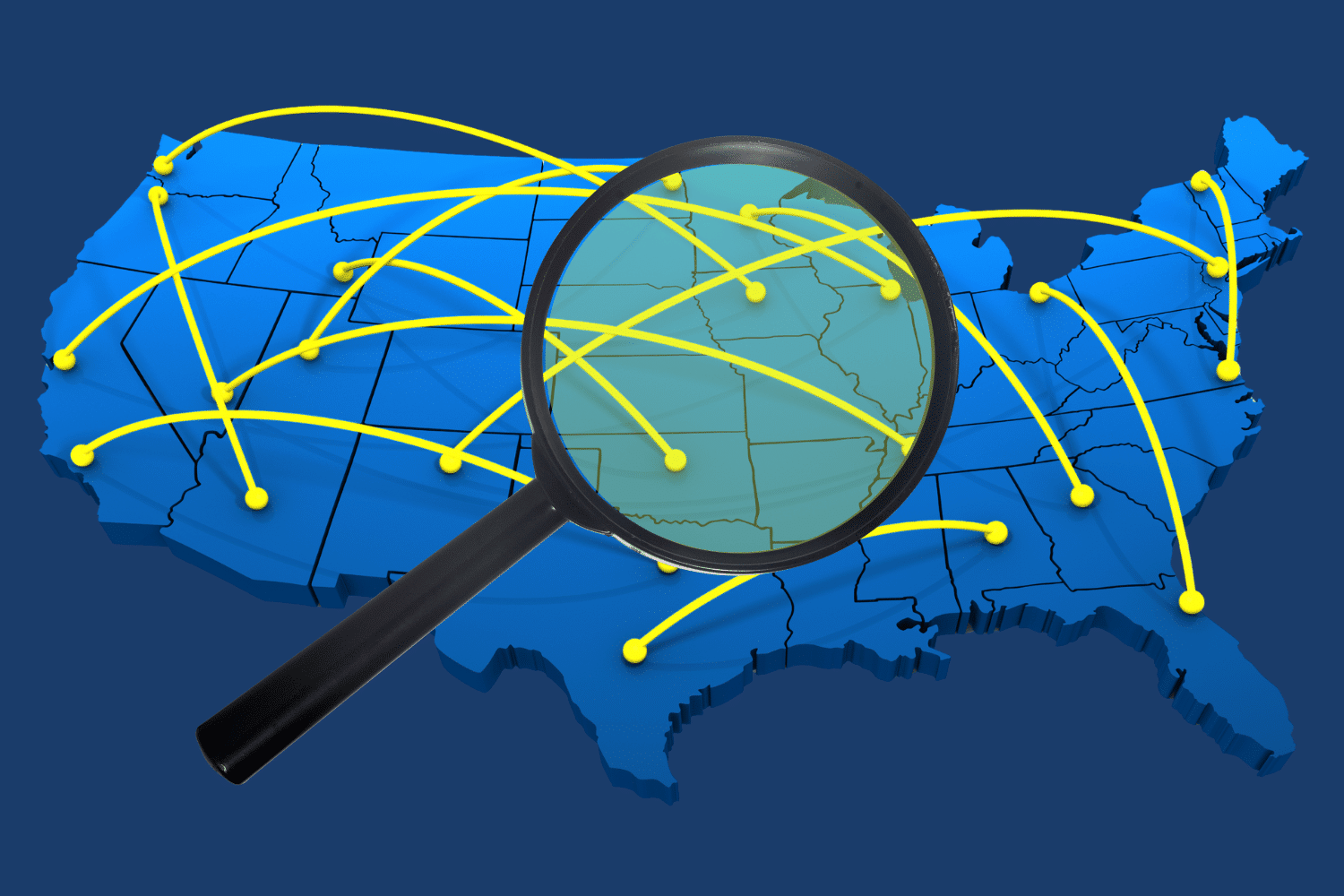 3D blue map of the US with interconnected yellow network lines, with a magnifying glass magnifying the central region, representing national reach for talent acquisition.