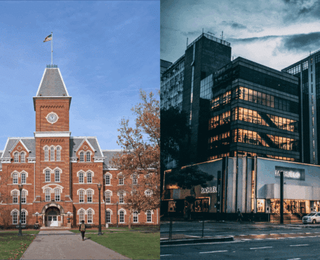 Image split in two: on the left, a historic red-brick institutional building (clocktower, academic style) under a clear blue sky; on the right, a modern glass-and-steel office building at dusk, lit warmly from within — visually contrasting “education” with “corporate career.”
