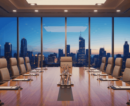 Executive boardroom with empty leather chairs and skyline at dusk, symbolizing executive succession planning, leadership transition, and future-ready C-suite strategy.