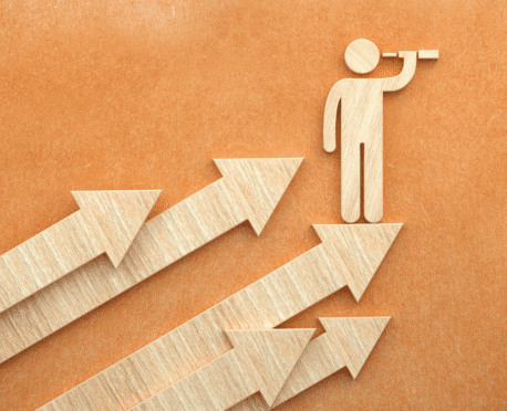 Metaphor for identifying next-generation talent in a tightening market. The figure scouting from atop growth arrows illustrates Oggi Talent’s strategic approach to replenishing drying leadership pipelines with future-ready executives.