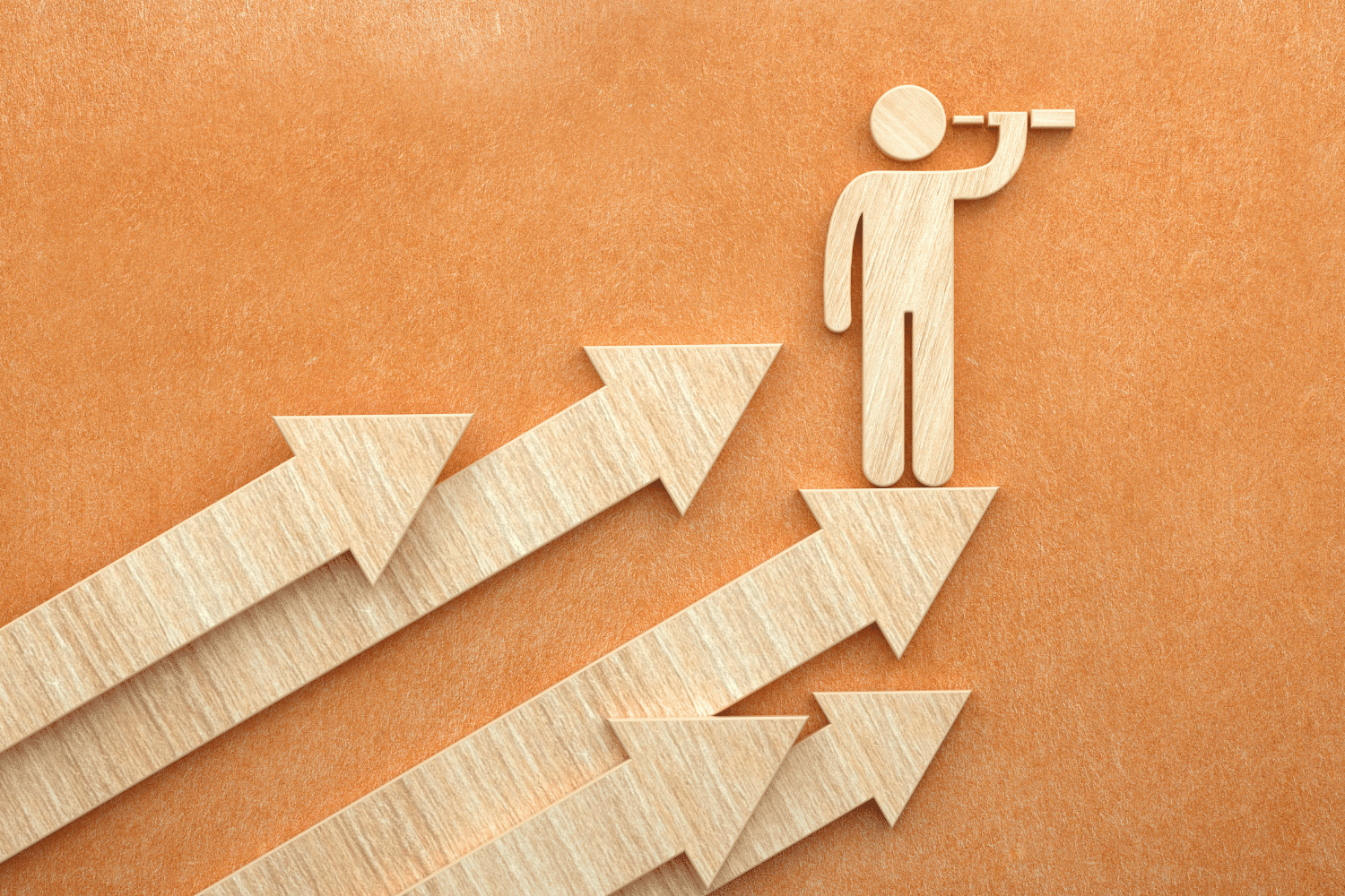 Metaphor for identifying next-generation talent in a tightening market. The figure scouting from atop growth arrows illustrates Oggi Talent’s strategic approach to replenishing drying leadership pipelines with future-ready executives.