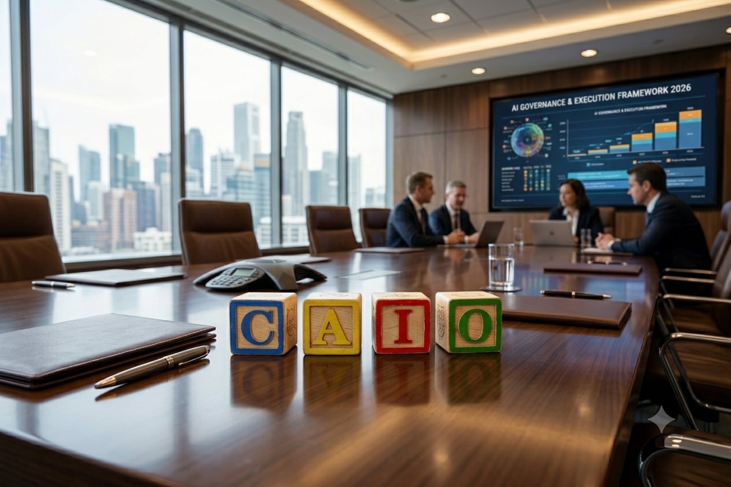Boardroom table with building blocks spelling CAIO and a screen showing an AI governance and execution framework, illustrating Chief AI Officer hiring and governance in 2026.