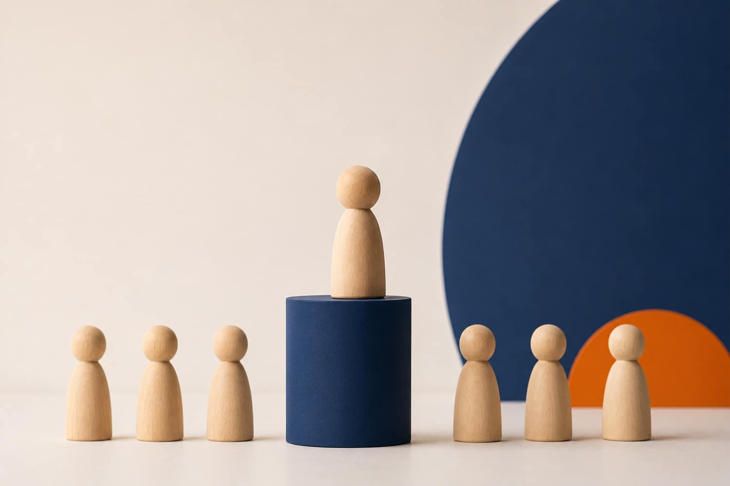 Seniorization and lean executive hiring represented by a senior leader elevated above a smaller team in a flat organization.