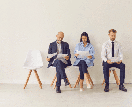 Three finance executive candidates review resumes beside an empty chair, illustrating the choice between hiring a Controller, VP of Finance, or CFO.
