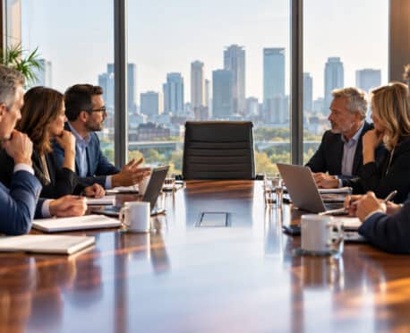 Board members discuss CEO succession planning around a conference table with an empty leadership chair.