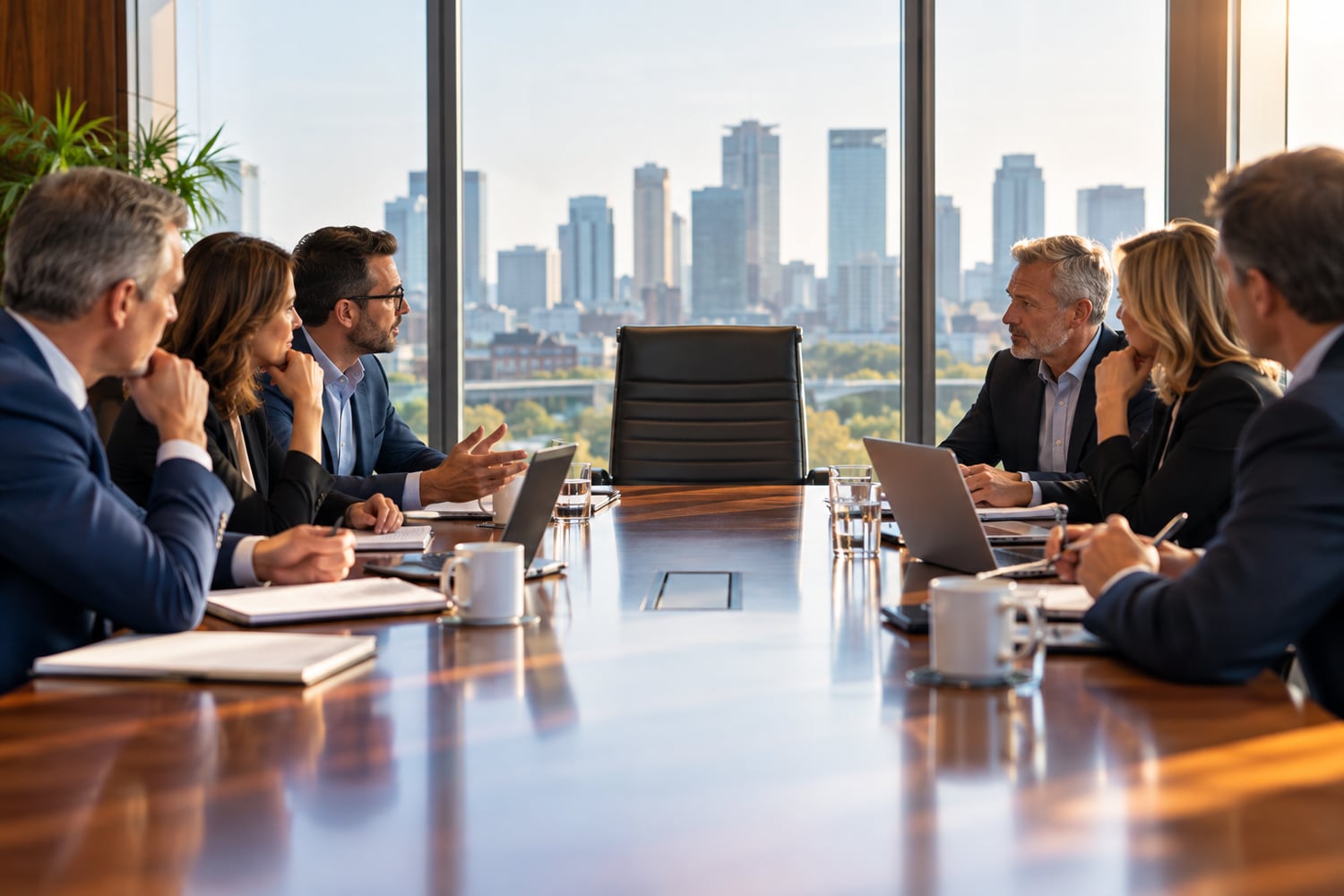Board members discuss CEO succession planning around a conference table with an empty leadership chair.